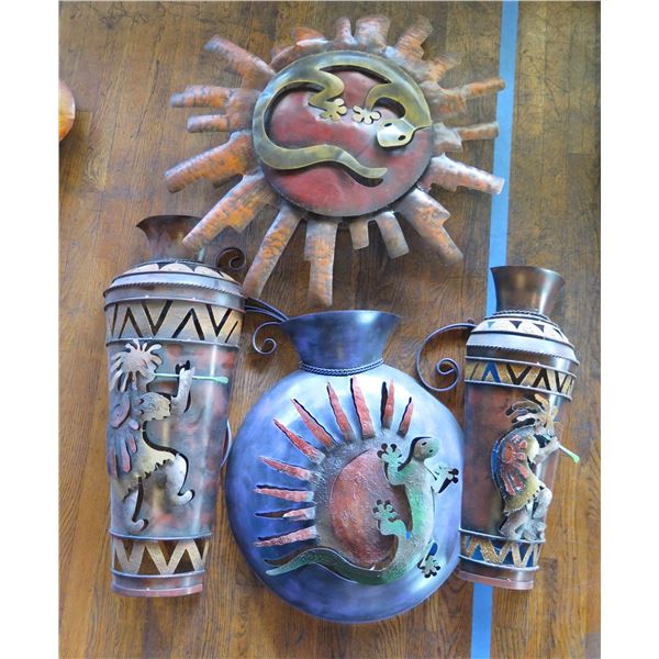 Qty 3 Lightweight Metal Mexican Wall Hangings: Gecko, Sunshine, Kokopelli & Jar, Misc Sizes