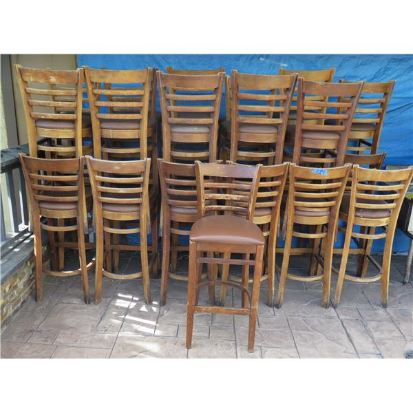 Qty 24 Wooden Stools w/ Slatted Backs & Upholstered Seats 16 x16 x44 H