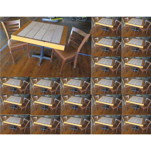 Qty 22 Wooden Tables 30 x37 x31 H w/ 65 Chairs 16 x16 x34 H