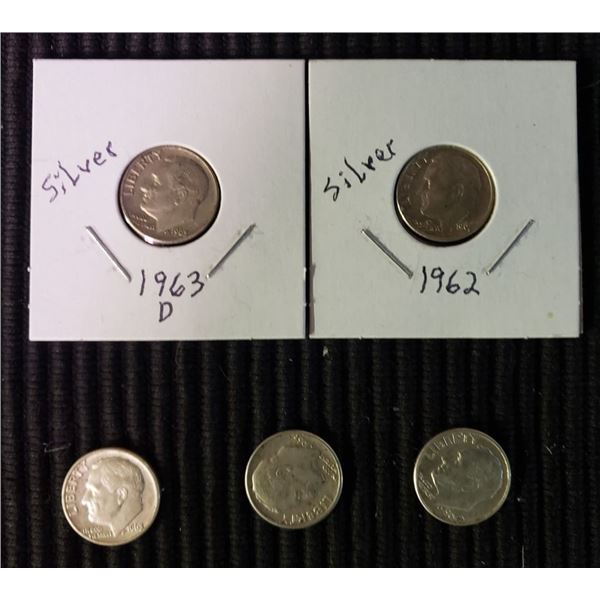 5 Silver Roosevelt Dimes, Random Dates, At Least Good Condition