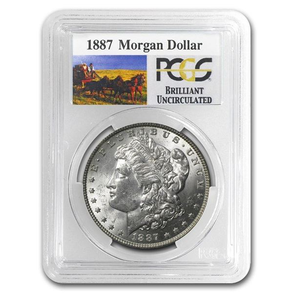 1887 Morgan Silver Dollar - Rare Stage Coach Label PCGS (Brilliant Uncirculated)