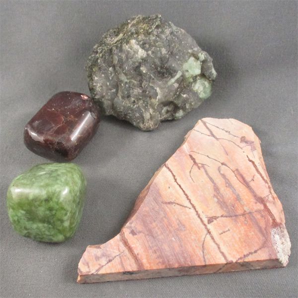 Lot of Raw Emerald, Polished Green Garnet, Polished Red Garnet & Jasper Slice