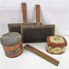 Image 1 : Set of Cotton Carding Brushes, 2 Vintage Tins and Wooden  Tape Measure