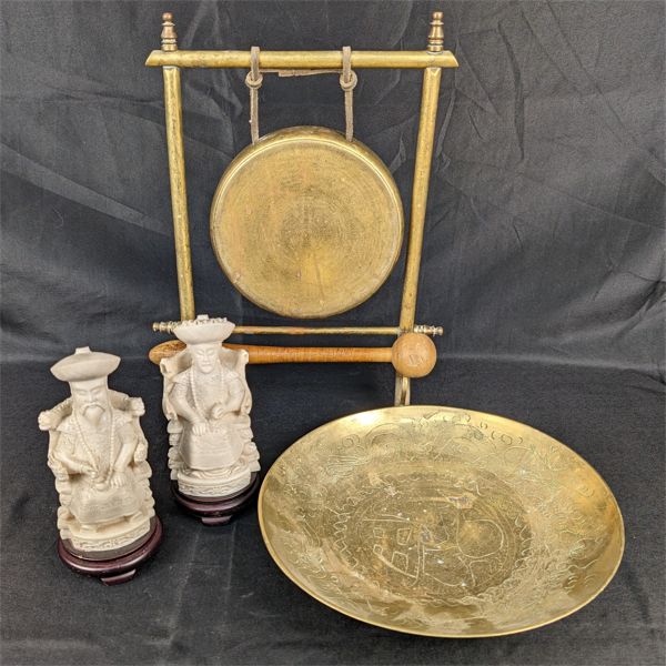 Vintage Brass Gong, 2 Carved Chinese Resin Figurines and Brass Bowl