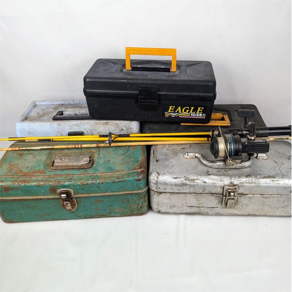 Large Lot of Vintage Fishing Tackle, Tackle Boxes, Reels and Rod