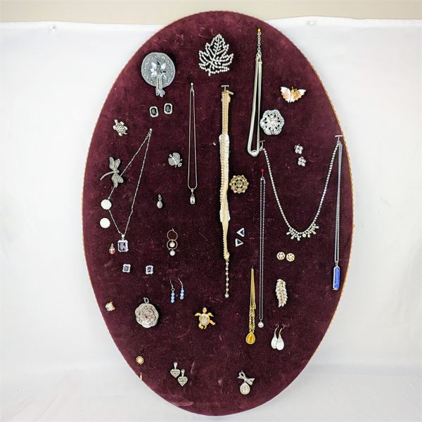 Lot of Various Vintage Jewelry on Large Velvet Display Board