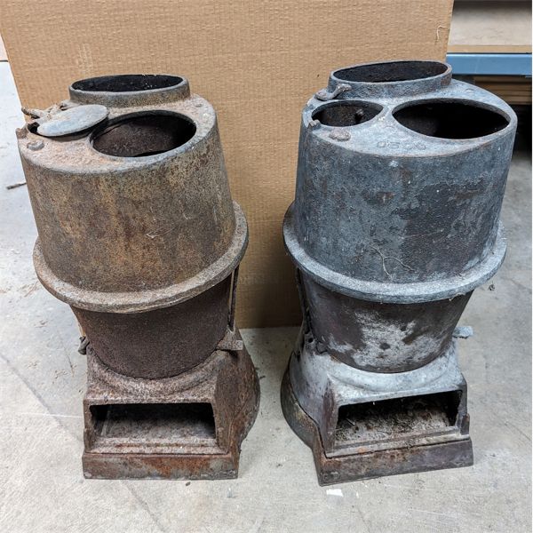 Set of 2 Buckeye Coal Stoves - Antique Farm Cast Iron Chicken Brooder Incubators