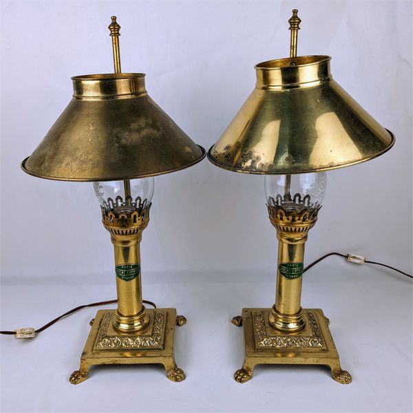 Set of 2 Vintage Brass Lamps Marked "Paris Orient Express"