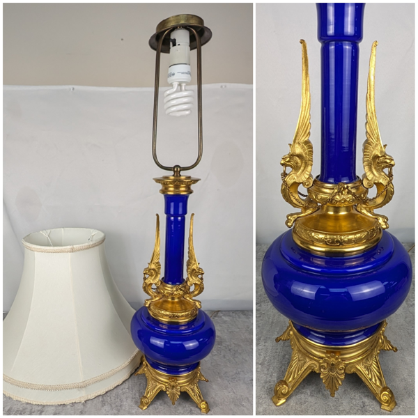 STUNNING Antique Cobalt Blue Lamp in Bronze - France Circa 1900's
