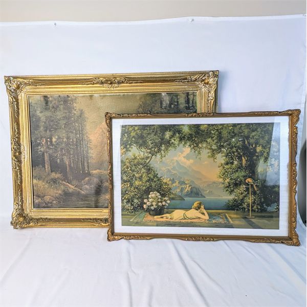 Set of 2 Ornate Wood Picture Frames with Prints