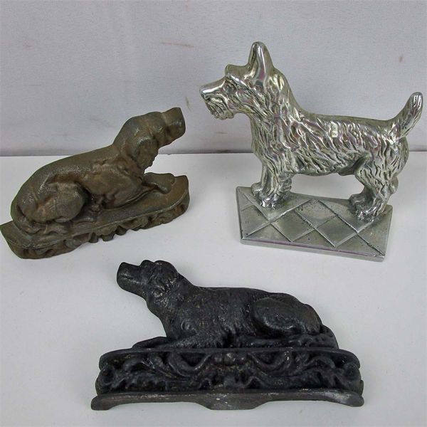 Set of 2 Antique Cast Iron Spaniel Dog Door Stops and Metal Scottie Dog Book End