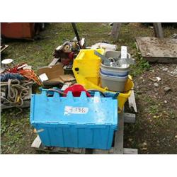 Lot of: hard hats; trash cans; mop bucket; jumper cables; miscellaneous items (75)