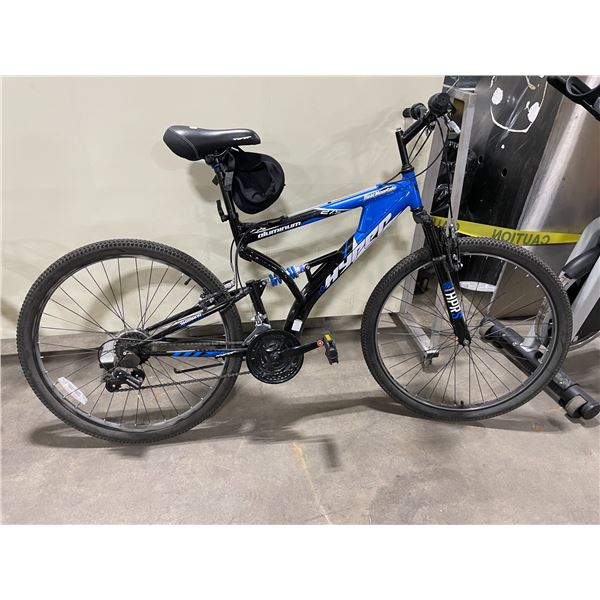 HYPER ALUMINUM BEAR MOUNTAIN BLUE ON BLACK 14 SPEED MOUNTAIN BIKE FRONT SUSPENSION