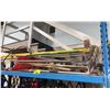 Image 2 : SHELF OF RAKES, SNOW SHOVELS & ASSORTED GARDEN TOOLS