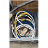Image 2 : 3 PLASTIC CONTAINERS ASSORTED SAND PAPER, TILE CUTTERS, EXTENSION CORDS & AIR HOSE
