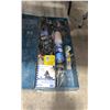 Image 2 : BOXES OF RUBBER SHOES, STANLEY LEVELS LIGHTS, ROLLING PLASTIC TOOL BOX & CONTENTS METAL TRAY