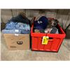 Image 1 : BOX OF BLUE JEANS AND JACKET, PLASTIC CONTAINER OF HATS