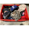 Image 2 : BOX OF BLUE JEANS AND JACKET, PLASTIC CONTAINER OF HATS