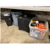 Image 1 : CONTAINER WITH ASSORTED EXTENSION CORDS, 5 ASSORTED GARBAGE CANS/BUCKETS, BLACK STORAGE CABINETS