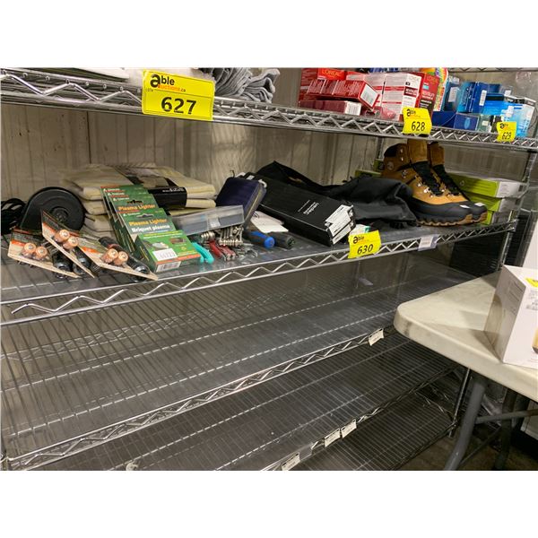 3 SHOE RACKS, PAIR BOOTS, BACK PACK, HAND TOOLS, FLASH LIGHTS, KNIFES, WALLETS, LIGHTERS, PUMP