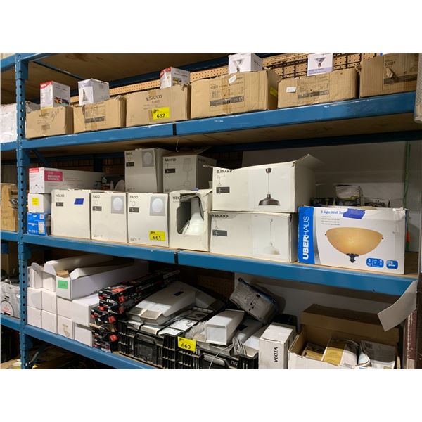 SHELF ASSORTED LIGHT FIXTURES, HANGING LIGHT, LAMP, LED INSTA TRIM, TRACK LIGHTING, GLASS SHADES