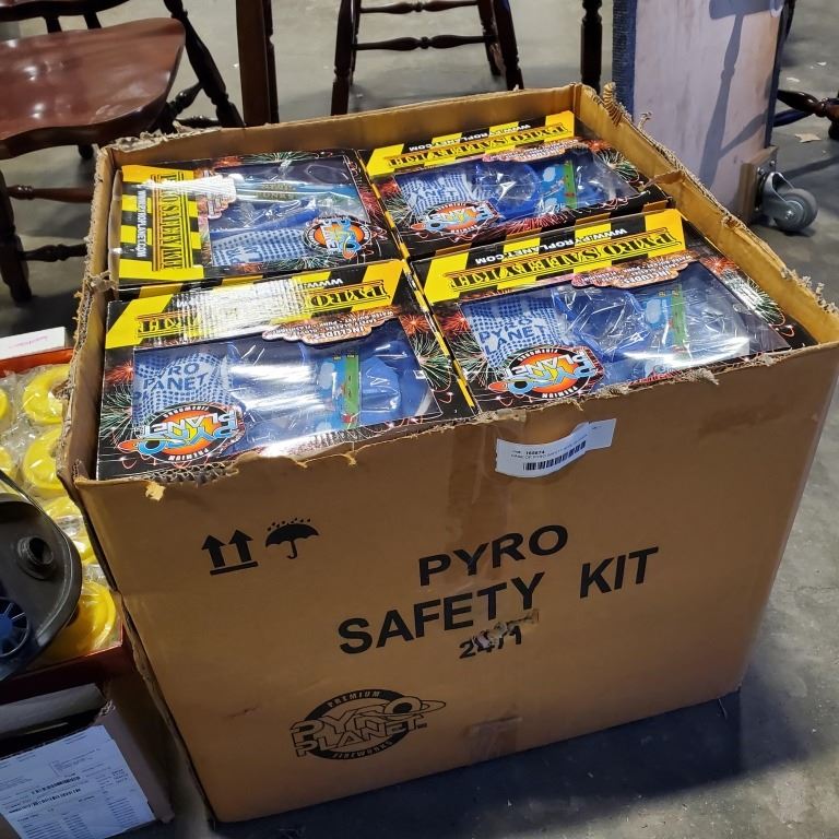 CASE OF PYRO SAFETY KITS, GLOVES, BUCKET, SAFETY GOGGLES ETC