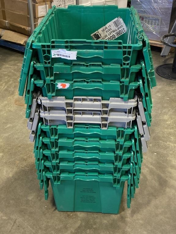 10 STACKABLE TOTES W/ BUILD IN LIDS