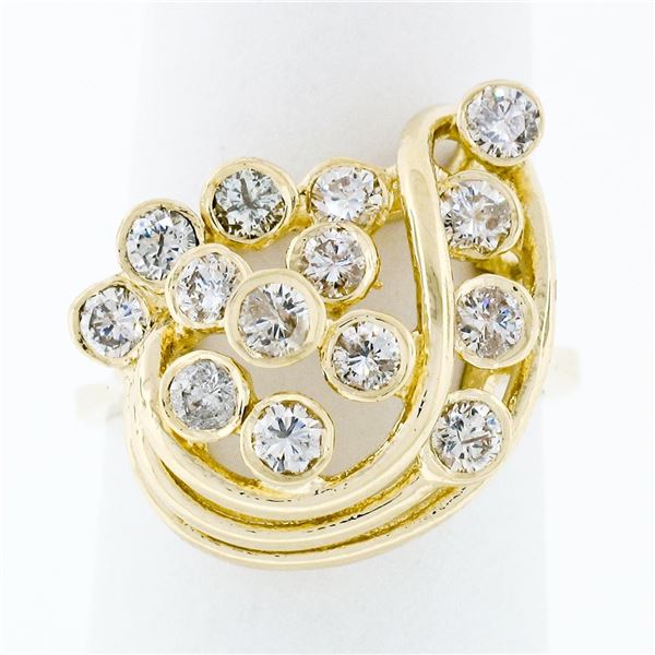 14k Yellow Gold 1.30 ctw Bezel Diamond Open Wire Work Tiered Swirl Cocktail Ring