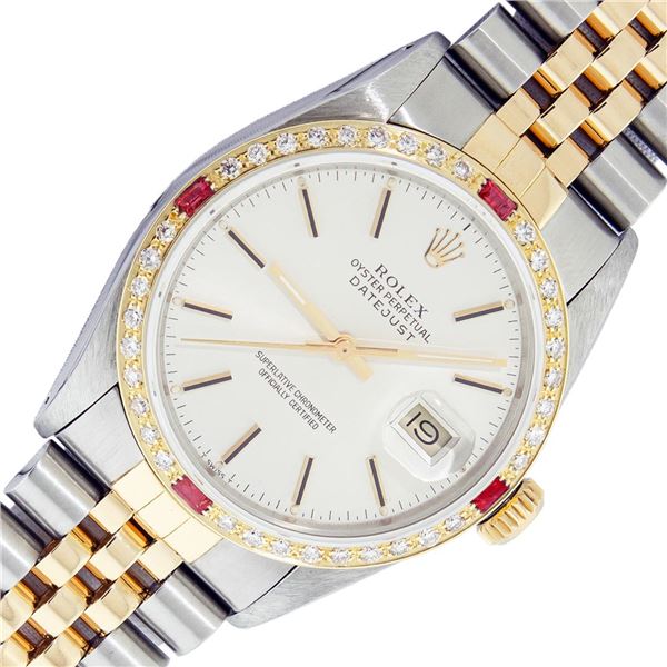 Rolex Mens Two Tone Silver Index And Diamond Ruby Datejust 36MM