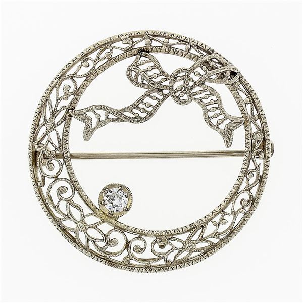 Antique Art Deco 14k White Gold Diamond Filigree Circle Wreath & Bow Brooch Pin