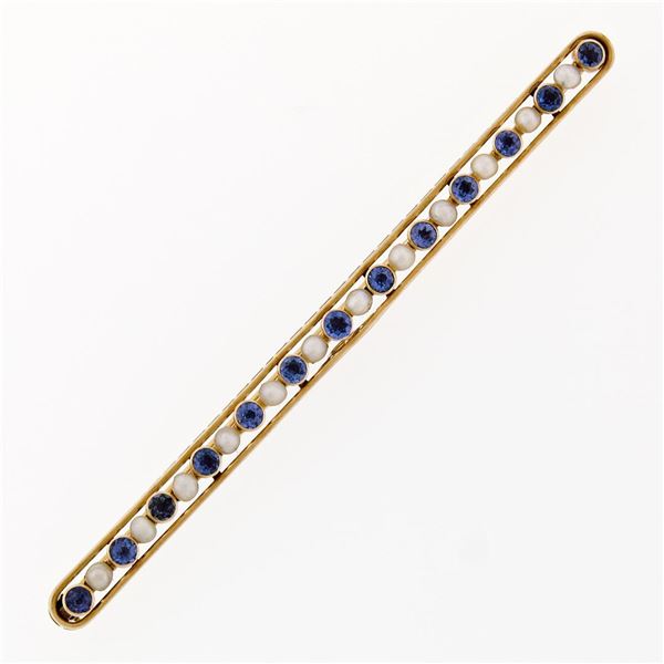 Antique Krementz 14k Gold 1.30 ctw Old Sapphire Natural Pearl Long Bar Pin Brooc