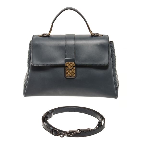 Bottega Veneta Blue Leather Piazza Top Handle Bag