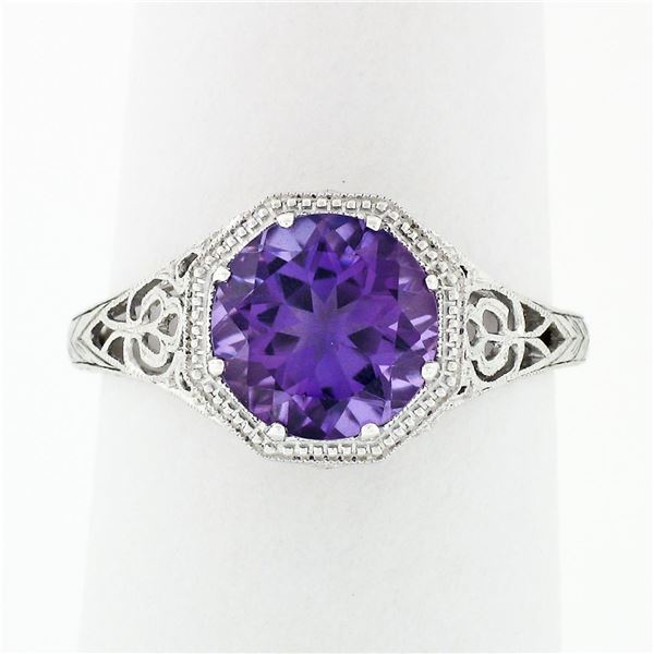 NEW 14k White Gold 1.85 ctw Fine Filigree & Milgrain Work Amethyst Solitaire Rin