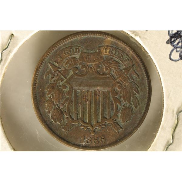 1866 US 2 CENT PIECE WITH TWO SMALL RIM CUDS