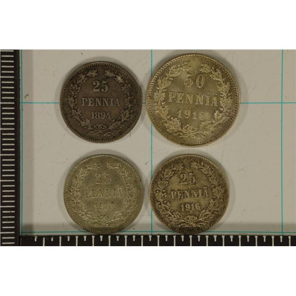 4 FINLAND SILVER PENNIA COINS:1894 & 2-1916 TWENTY