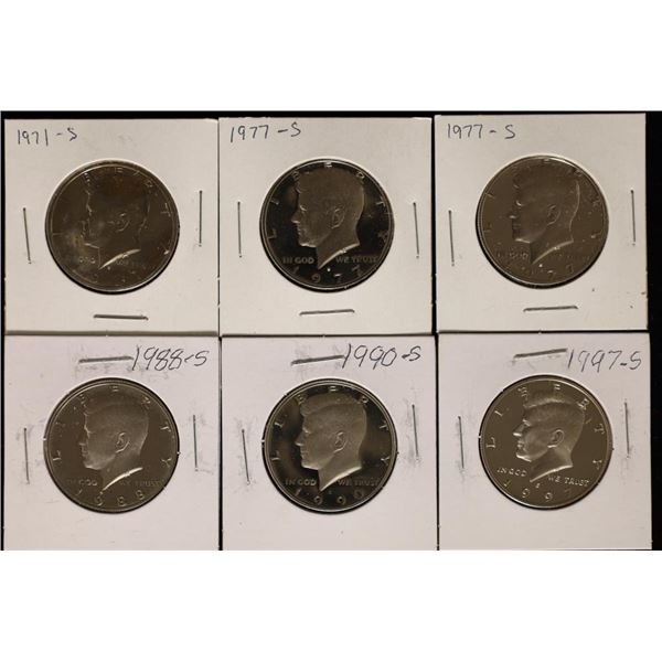 6 PROOF JFK HALF DOLLARS: 1971-S, 2-1977-S, 1988-S