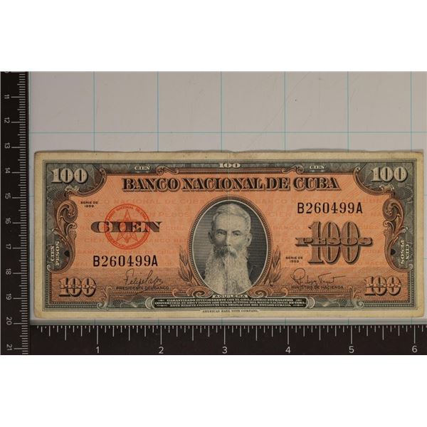 1959 CUBA 100 PESO BILL CRISP WITH FOLD IN CENTER