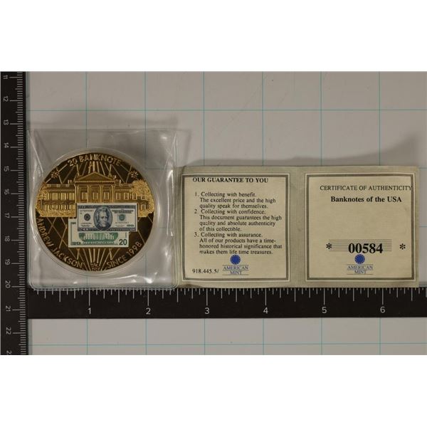 24KT GOLD LAYERED 2010 $20 BANK NOTE ANDREW