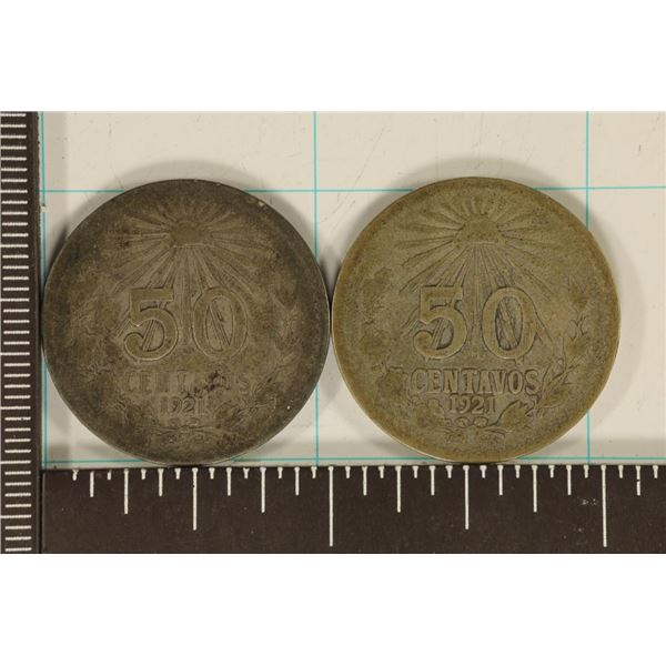 2-1921 MEXICO SILVER "CAP & RAY" 50 CENTAVOS