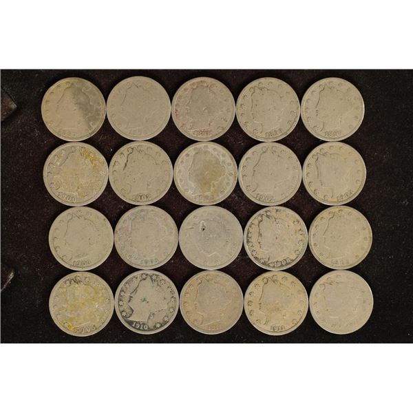 20 ASSORTED 1897-1908 LIBERTY "V" NICKELS