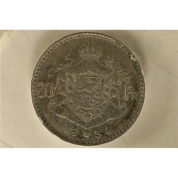 1934 BELGIUM SILVER 20 FRANCS .2405 OZ. ASW