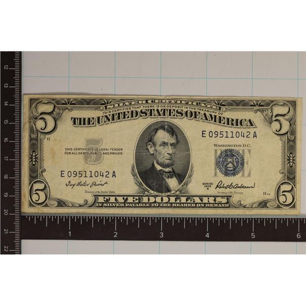 1953-A US $5 SILVER CERTIFICATE BLUE SEAL