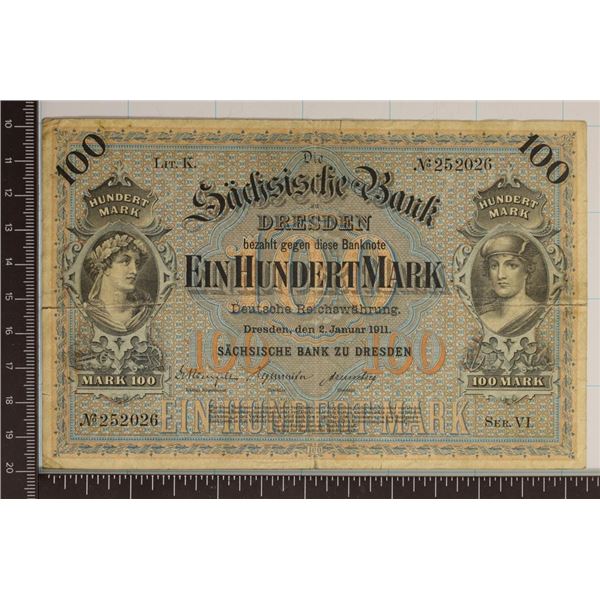 1911 GERMAN DRESDEN 100 MARK BANK NOTE