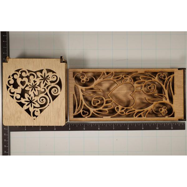2 WOODEN GIFT BOXES: 7 3/4" X 3 1/2" X 1/2" AND