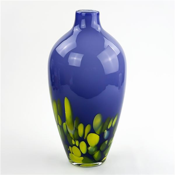 BLUE & GREEN ART GLASS PEACOCK VASE - POLAND