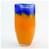 Image 4 : SWIRL ORANGE & BLUE ART GLASS FLOWER VASE - 9.5”