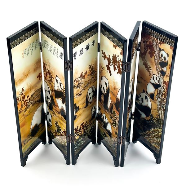 GIANT PANDA 6 PANEL FOLDING LAQUER SCREEN