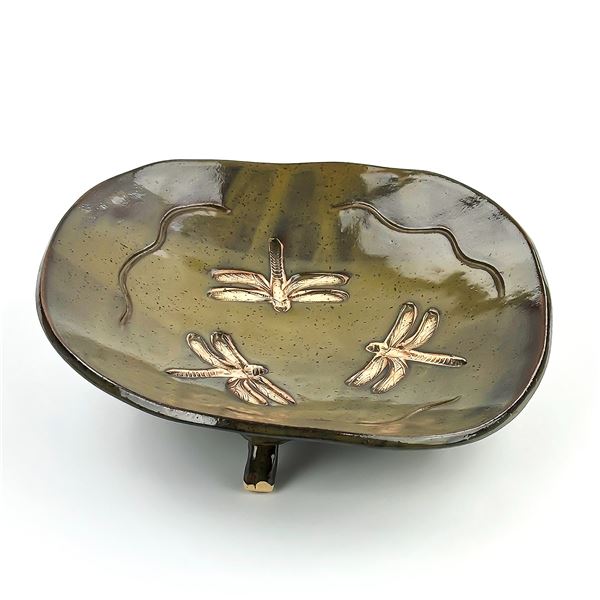 HAND MADE DRAGONFLY THEMED POTTERY DISH BOWL