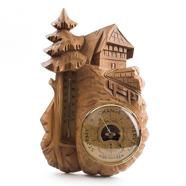 CHALET BAROMETER THERMOMETER WOOD CARVING