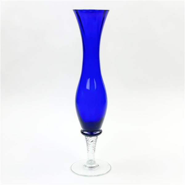 VINTAGE COBALT BLUE GLASS SPIRAL STEM BUD VASE